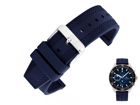 Oryginalny granatowy pasek silikonowy z tłoczonym napisem Hilfiger do zegarka Tommy Hilfiger 1791920 szerokość 21 mm.